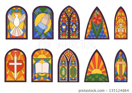 Set Of Church Stained Arched Windows Isolated Icons. Cathedral Mosaic Glasses With Spiritual Symbols Cross, Dove 135124864
