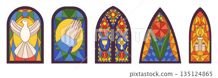 Set Of Gothic Colorful Stained Glass Windows. Old Style Arches With Colorful Dove, Prayer Hands, Cup, Cross, Flower 135124865