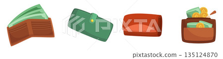 Set of Purse With A Wads Of Cash Sticking Out Of It, Concept of Wealth Or Financial Security. Wallet Icons, Finance Set of Purse With A Wads Of Cash Sticking Out Of It, Concept of Wealth Or Financial Security. Wallet Icons, Finance 135124870