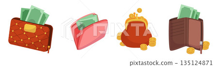 Set Of Purses Filled With Wads Of Cash, Bills And Coins Spilling Out Of The Opening. Isolated Wallet Icons 135124871