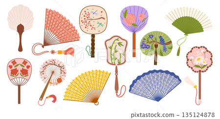 Vibrant Collection Of Asian Hand Fans Adorned With Intricate Designs, Rich Colors, And Delicate Craftsmanship 135124878