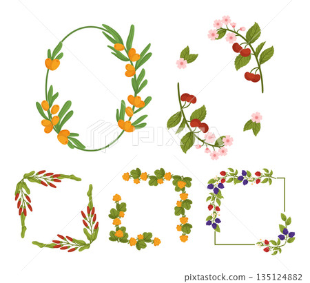 Delicate Frames Adorned With Vibrant Berries, Raspberry, Blackberry, Cloudberry, Sea Buckhorn, Cherry, And Barberry 135124882