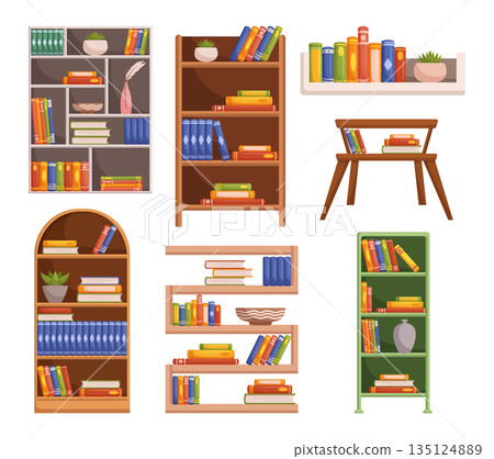 Isolated Bookcases and Shelves Adorned With A Diverse Collection Of Books, Offering A Literary Haven And Visual Delight Isolated Bookcases and Shelves Adorned With A Diverse Collection Of Books, Offering A Literary Haven And Visual Delight 135124889