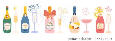 Set of Champagne Bottles, Sparkling Wine, Effervesces With Celebration. It Fills A Wineglass, Vector Illustration 135124893