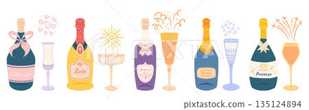 Champagne Bottles And Wineglasses, Sparkling Wine, Effervesces With Celebration. It Gracefully Fills A Wineglass Champagne Bottles And Wineglasses, Sparkling Wine, Effervesces With Celebration. It Gracefully Fills A Wineglass 135124894