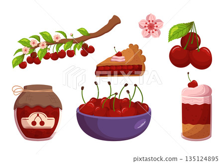 Set Of Cherry Berry Foods Offers A Delectable Range Of Fresh And Cooked Fruits, Including Jam, Sweet Dessert, Or Cake 135124895
