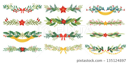 Elegant Christmas Borders Adorned With Festive Motifs Like Holly Berry, Mistletoe, Fir Tree Branches And Bows 135124897