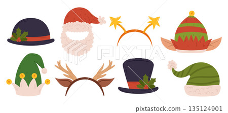 Christmas Festive Hats. Santa Red Cap with Beard, Bowl and Cylinder, Stars, Reindeer Antlers and Elf Hat with Ears 135124901