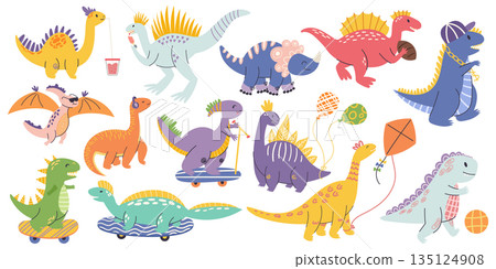 Adorable Dinosaur Characters, Playful, Colorful Children Designs, Featuring Friendly Vibrant Dinos In Various Poses 135124908