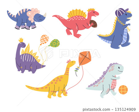 Charming Set Of Cute Dinosaurs, In Vibrant Colors And Playful Poses. Vector Illustration For Children Books, Merchandise 135124909