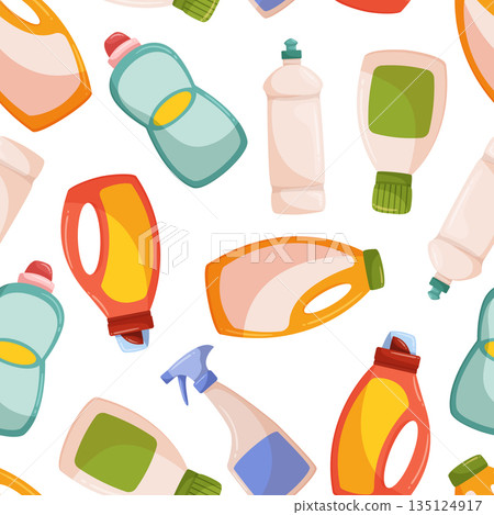 Seamless Pattern Featuring Bottles Of Detergent, Creating A Repetitive Design For Household Or Cleaning-related Projects 135124917