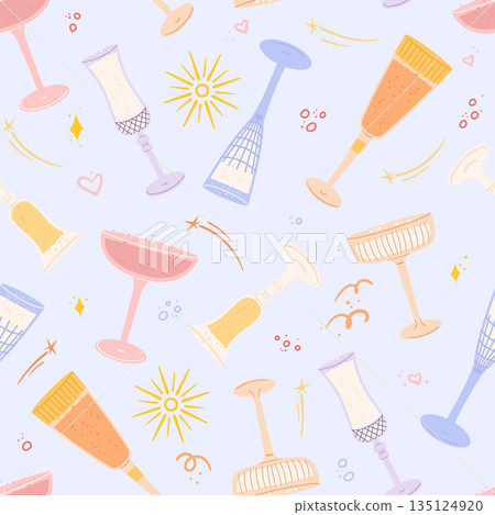 Champagne Glasses Create An Elegant Seamless Pattern, Radiating Celebration And Sophistication, Vector Illustration 135124920