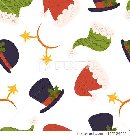 Seamless Pattern With Whimsical Christmas Festive Hats Radiating Holiday Cheer With Its Joyful Colors And Playful Design 135124921