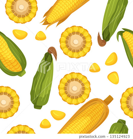 Seamless Pattern With Vibrant Corn Cobs, Husked Ears, Sections and Seeds, Creating A Delightful Design Seamless Pattern With Vibrant Corn Cobs, Husked Ears, Sections and Seeds, Creating A Delightful Design 135124923