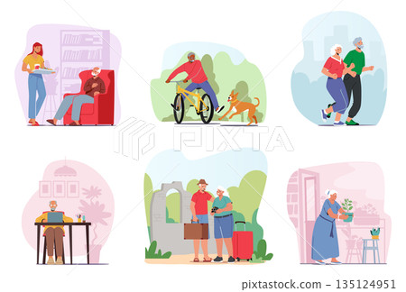 Set Elderly Characters Lifestyle. Old Men and Women Jogging, Riding Bicycle, Use Pc, Travel, Care of Houseplant, Jogging Set Elderly Characters Lifestyle. Old Men and Women Jogging, Riding Bicycle, Use Pc, Travel, Care of Houseplant, Jogging 135124951