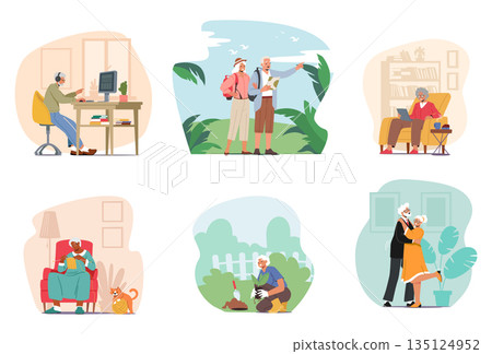 Set Of Elderly Characters Work On Pc, Travel, Use Gadgets, Knit, Dance And Gardening . Senior Men And Women Active Life Set Of Elderly Characters Work On Pc, Travel, Use Gadgets, Knit, Dance And Gardening . Senior Men And Women Active Life 135124952