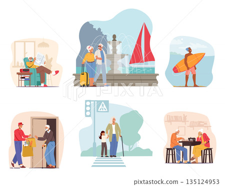 Set Of Senior Characters Life Scenes. Pensioner Reading Newspaper, Old Couple Travel With Luggage, Engage Surfing Sport Set Of Senior Characters Life Scenes. Pensioner Reading Newspaper, Old Couple Travel With Luggage, Engage Surfing Sport 135124953