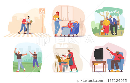 Set Elderly Characters Engage Outdoor Sport, Crossing The Road, Visit Artist Workshop, Watching Movies, Sitting On Bench Set Elderly Characters Engage Outdoor Sport, Crossing The Road, Visit Artist Workshop, Watching Movies, Sitting On Bench 135124955