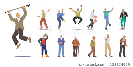 Set Of Diverse Senior Men. Old Male Characters Jumping, Stand With Walking Cane, Exercising, Posing In Fashioned Clothes 135124959