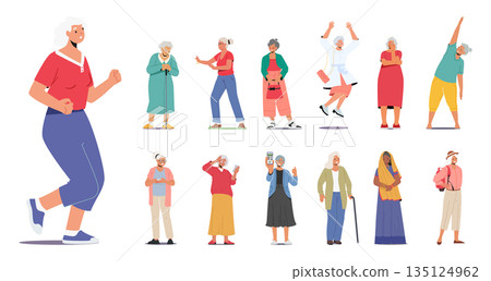 Set Of Senior Female Characters Doing Sport Exercises, Jumping, Travel Or Hiking With Backpack, Wear Indian Dress Set Of Senior Female Characters Doing Sport Exercises, Jumping, Travel Or Hiking With Backpack, Wear Indian Dress 135124962