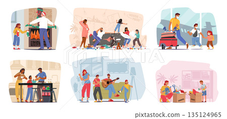 Set Family Scenes With Parents And Children Characters Decorate Home For Christmas, Fooling, Travel And Cooking 135124965