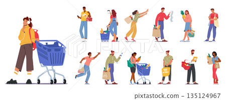 Set Diverse Group Of Male and Female Characters Happily Shopping For Groceries, Filling Their Carts With Fresh Produce 135124967