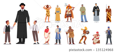 Set Of Male Characters Wear Historical Costumes. Jew, Caveman, Viking And African Warrior, Gladiator, Medieval Peasant Set Of Male Characters Wear Historical Costumes. Jew, Caveman, Viking And African Warrior, Gladiator, Medieval Peasant 135124968