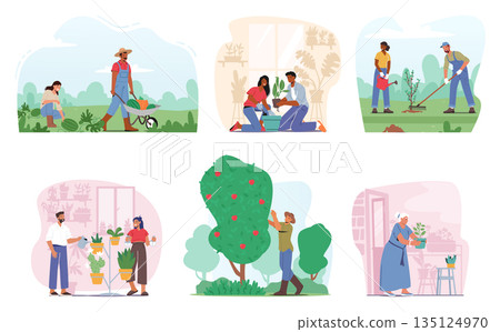 Set of Enthusiastic Gardener Characters Nurturing Lush Greenery, Tending To Vibrant Blooms, Vector Illustration 135124970