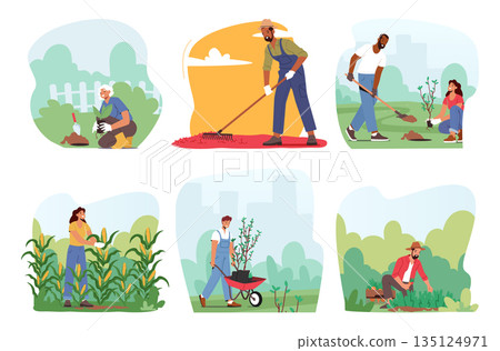 Set of Characters Immersed In Gardening, Hands In Soil, Nurturing and Harvesting Plants, Radiate Joy Amidst Nature 135124971