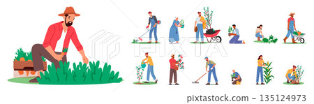 Set Of Gardener Characters Nurture Nature Beauty. With Skillful Hands And Deep Connection To The Earth 135124973