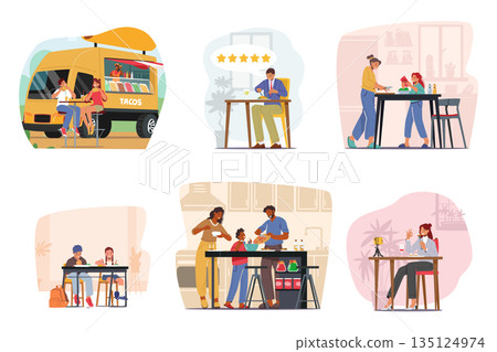 Set of Characters Eat and Cook. Couple Dining at Outdoor Cafe, Food Critic in Restaurant, Food Blogger Record Video Set of Characters Eat and Cook. Couple Dining at Outdoor Cafe, Food Critic in Restaurant, Food Blogger Record Video 135124974