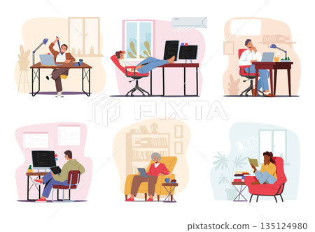 Characters Engrossed In Their Computers. Focused, Productive, And Interconnected In The Digital Realm, Vector Characters Engrossed In Their Computers. Focused, Productive, And Interconnected In The Digital Realm, Vector 135124980