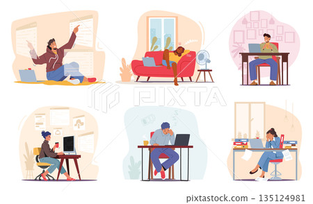 Characters With Computers, Embodying Modern Connectivity And Technology In Various Settings, Vector Illustration Characters With Computers, Embodying Modern Connectivity And Technology In Various Settings, Vector Illustration 135124981