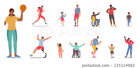 Set Of Characters With Disabilities Possess Strengths And Abilities, Facing Challenges With Resilience. Amputee People Set Of Characters With Disabilities Possess Strengths And Abilities, Facing Challenges With Resilience. Amputee People 135124982