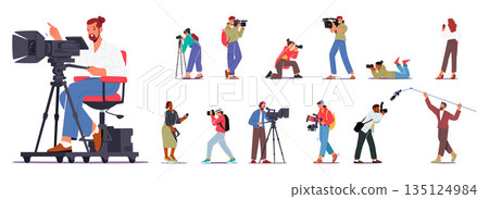 Group Of Characters Holding Photo And Video Cameras, Capturing Moments With Enthusiasm, Vector Illustration 135124984