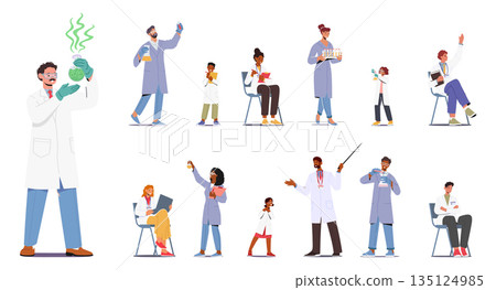Set Scientist Kids and Adult Characters In Lab Coats, Engaged In Collaborative Research With State-of-the-art Equipment 135124985
