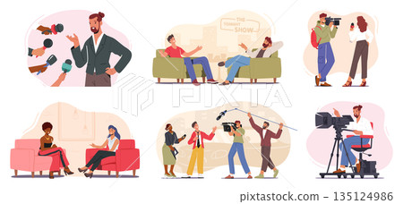 Set Of Characters Participate In Captivating Tv Show. Anchorpersons, Journalists, Guests Communicate In Vibrant Studio 135124986