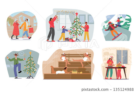 Set of Winter Activities. Family Characters Decorate Christmas Tree, Children Riding Snowboards, Girls Buying Gifts 135124988