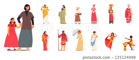Set Female Characters Wearing Historical Costumes. Women Indian Dancer, Medieval Peasant, African, Victorian Lady Set Female Characters Wearing Historical Costumes. Women Indian Dancer, Medieval Peasant, African, Victorian Lady 135124998