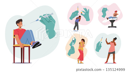 Set Of Characters Experience Common Phobia Of Injections, Displaying Anxiety And Fear. Reaction Leading To Avoidance Set Of Characters Experience Common Phobia Of Injections, Displaying Anxiety And Fear. Reaction Leading To Avoidance 135124999