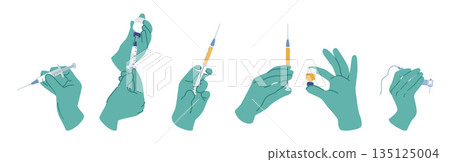 Set of Hands in Rubber Gloves Holding Syringes Filled With Liquid. Medical Icons For Vaccinations, Blood Draws Set of Hands in Rubber Gloves Holding Syringes Filled With Liquid. Medical Icons For Vaccinations, Blood Draws 135125004