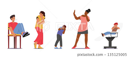 Set of Kid and Adult Characters Experience Phobia Of Injections, Displaying Anxiety And Fear Isolated on White 135125005