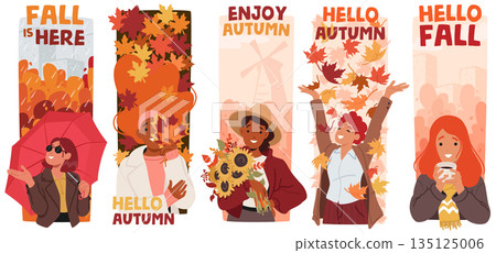 Autumn Girls Embracing The Season With Cozy Sweaters, Warm Hues And Vibrant Leaves, Flowers And Umbrella Autumn Girls Embracing The Season With Cozy Sweaters, Warm Hues And Vibrant Leaves, Flowers And Umbrella 135125006
