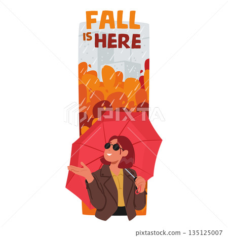 Young Woman Gracefully Stands In Autumn Rain, Her Umbrella A Burst Of Color Amid Gray Skies, Vector Illustration Young Woman Gracefully Stands In Autumn Rain, Her Umbrella A Burst Of Color Amid Gray Skies, Vector Illustration 135125007