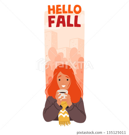 Young Redhead Woman Sips A Steaming Hot Drink Amid The Colorful Foliage Of Autumn. Female Character Finding Warmth Young Redhead Woman Sips A Steaming Hot Drink Amid The Colorful Foliage Of Autumn. Female Character Finding Warmth 135125011