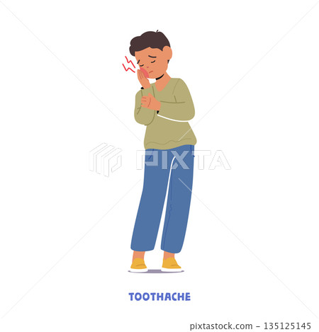 Child Boy Character With Toothache Pain, Experience Discomfort, Sensitivity, Swelling, Or Difficulty Eating. Dental Care Child Boy Character With Toothache Pain, Experience Discomfort, Sensitivity, Swelling, Or Difficulty Eating. Dental Care 135125145