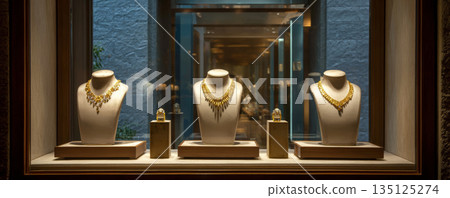 Golden necklace jewelry displayed on white busts in store window with warm lighting creating elegant atmosphere 135125274