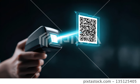 Barcode scanner scanning digital QR code with blue light beam in dark background, technology concept Barcode scanner scanning digital QR code with blue light beam in dark background, technology concept 135125405