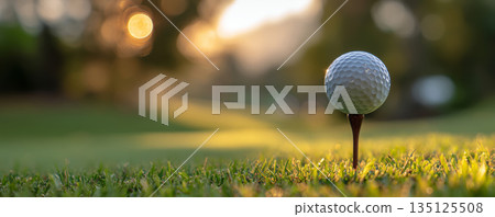 Golf ball on wooden tee in green grass field with warm sunlight and blurred background 135125508