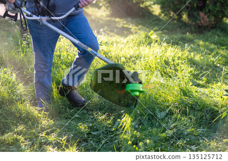 Man trimming tall grass in backyard garden with string trimmer in summer Man trimming tall grass in backyard garden with string trimmer in summer 135125712